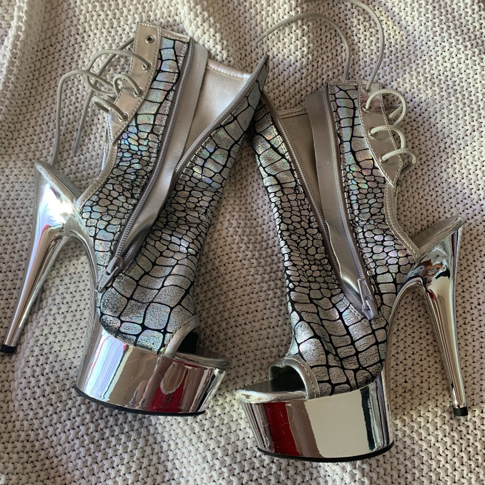 Rainbow Shiny Snake Print Dancer Stripper Open Toe Lace Up Heels